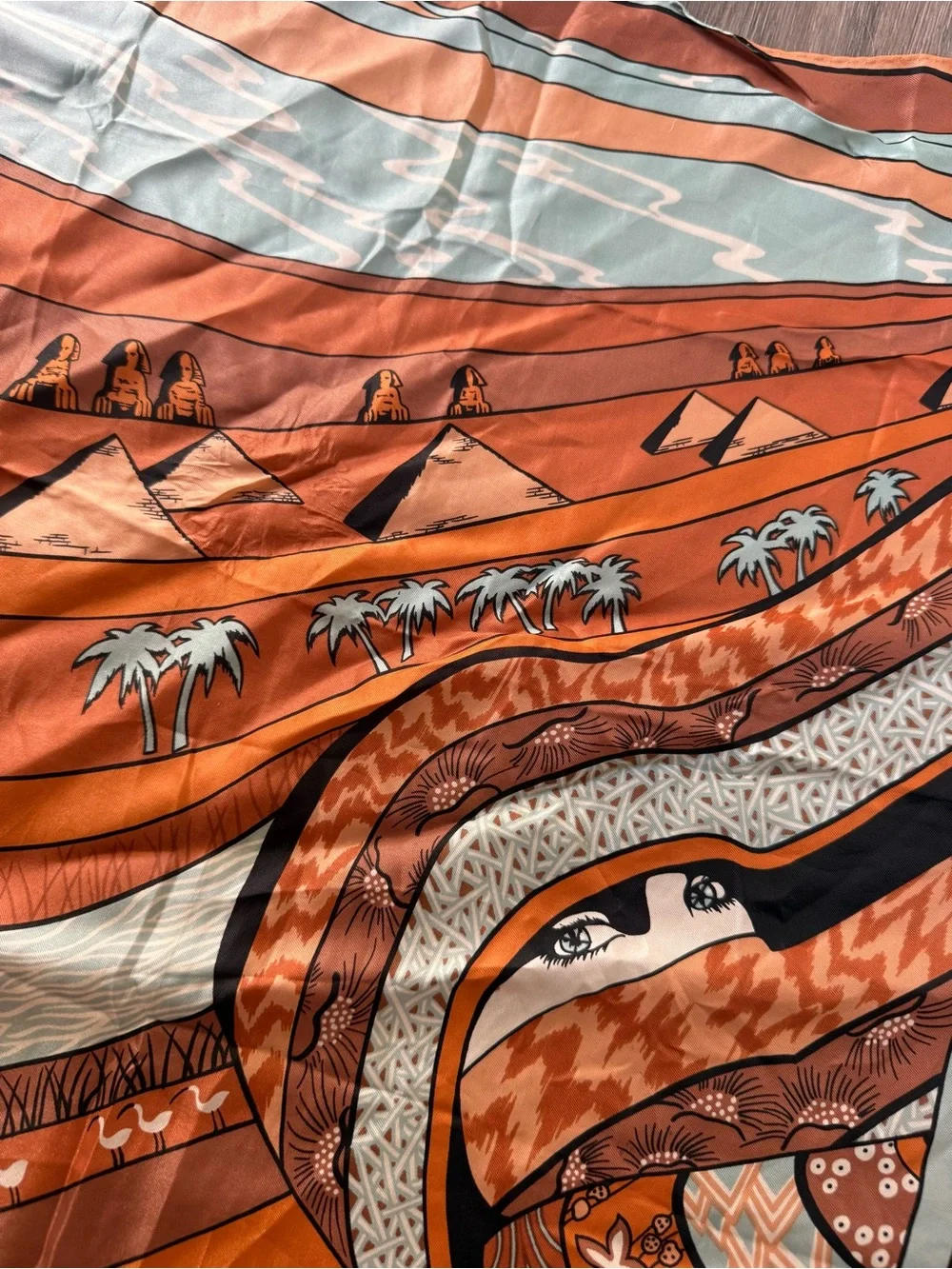 Vintage Egyptian Desert Print Square Scarf - Rust & Teal